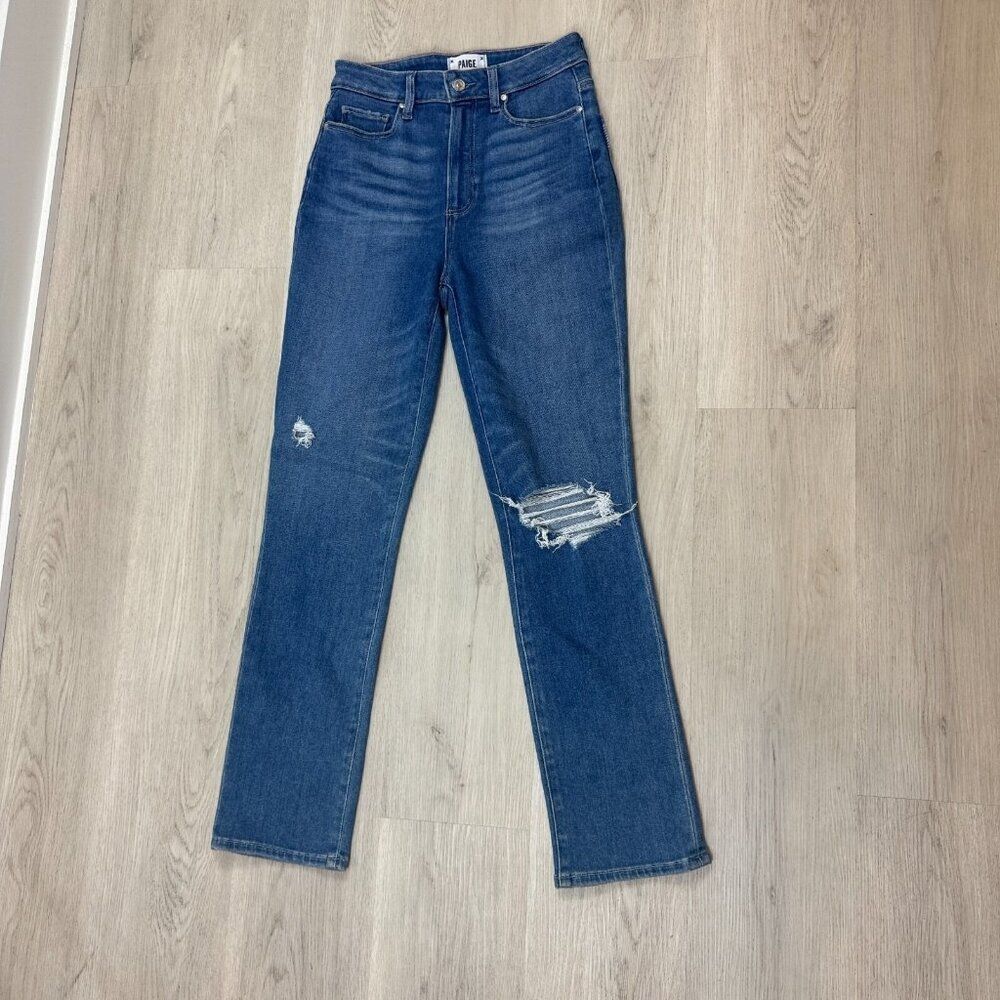 Paige Accent Distressed Ultra‎ High Rise Straight Jean Womens 27 Medium Wash